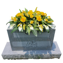 Load image into Gallery viewer, Yellow Rose & Calla Lily Memorial Decoration set: includes 1 headstone saddle & 2 cemetery cones