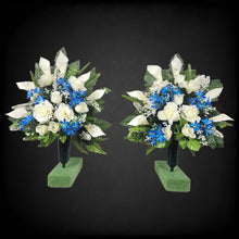 Load image into Gallery viewer, This cemetery cone pair has grave flowers including Cream Calla Lilies & Roses with royal blue filler. It is a perfect memorial decoration.