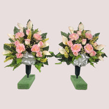 Load image into Gallery viewer, Cream Pink Rose & Calla Lily Memorial Decoration set: includes 1 headstone saddle & 2 cemetery cones