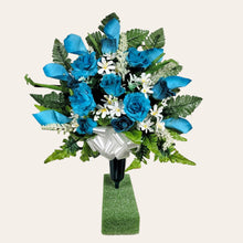 Load image into Gallery viewer, Turquoise Rose and Calla Lily Memorial Decorations: Includes 2 Cemetery Cones