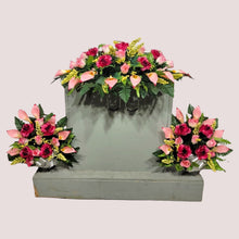 Load image into Gallery viewer, Beauty Pink Rose & Calla Lily Memorial Decoration set: includes 1 headstone saddle & 2 cemetery cones