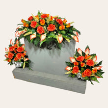 Load image into Gallery viewer, Orange Rose & Calla Lily Memorial Decoration set: includes 1 headstone saddle & 2 cemetery cones