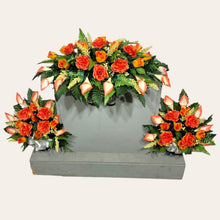 Load image into Gallery viewer, Orange Rose & Calla Lily Memorial Decoration set: includes 1 headstone saddle & 2 cemetery cones