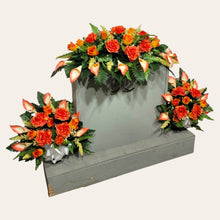 Load image into Gallery viewer, Orange Rose & Calla Lily Memorial Decoration set: includes 1 headstone saddle & 2 cemetery cones