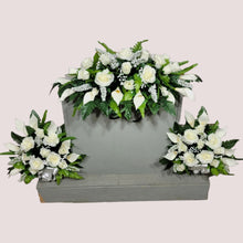 Load image into Gallery viewer, This headstone saddle and cemetery cone set has silk grave flowers including Cream Calla Lilies and Roses.