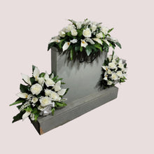 Load image into Gallery viewer, This headstone saddle and cemetery cone set has silk grave flowers including Cream Calla Lilies and Roses.