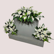 Load image into Gallery viewer, This headstone saddle and cemetery cone set has silk grave flowers including Cream Calla Lilies and Roses.