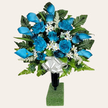 Load image into Gallery viewer, Turquoise Rose & Calla Lily Memorial Decoration set with White Tweedia Filler: includes 1 headstone saddle & 2 cemetery cones
