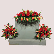 Load image into Gallery viewer, Red Rose & Calla Lily Memorial Decoration set: includes 1 headstone saddle & 2 cemetery cones