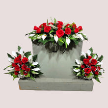 Load image into Gallery viewer, Red Rose & White Calla Lily Memorial Decoration set: includes 1 headstone saddle & 2 cemetery cones