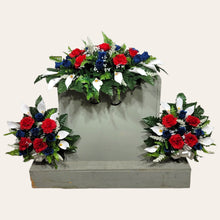 Load image into Gallery viewer, Red White and Blue Rose & Calla Lily Memorial Decoration set: includes 1 headstone saddle & 2 cemetery cones