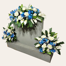Load image into Gallery viewer, This headstone saddle and cemetery cone set has silk grave flowers including Cream Calla Lilies and Roses and Blue Tweedia.