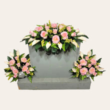 Load image into Gallery viewer, Cream Pink Rose & Calla Lily Memorial Decoration set: includes 1 headstone saddle & 2 cemetery cones