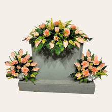 Load image into Gallery viewer, Peach Rose & Calla Lily Memorial Decoration set: includes 1 headstone saddle & 2 cemetery cones