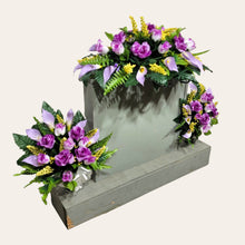 Load image into Gallery viewer, Lavendar Rose & Calla Lily Memorial Decoration set: includes 1 headstone saddle & 2 cemetery cones