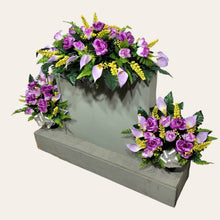 Load image into Gallery viewer, Lavendar Rose & Calla Lily Memorial Decoration set: includes 1 headstone saddle & 2 cemetery cones