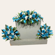 Load image into Gallery viewer, Turquoise Rose & Calla Lily Memorial Decoration set with White Tweedia Filler: includes 1 headstone saddle & 2 cemetery cones