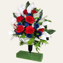 Load image into Gallery viewer, Red White and Blue Rose and Calla Lily Memorial Decoration: Includes 2 Cemetery Cones