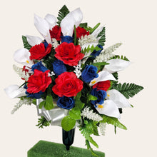 Load image into Gallery viewer, Red White and Blue Rose and Calla Lily Memorial Decoration: Includes 2 Cemetery Cones