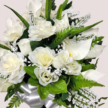 Load image into Gallery viewer, This cemetery cone has grave flowers including cream Calla Lily and Roses. It is a perfect summer memorial decoration.