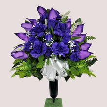 Load image into Gallery viewer, Purple Rose and Calla Lily Memorial Decorations: Includes 2 Jumbo Cemetery Cones