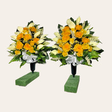Load image into Gallery viewer, Yellow Rose and Calla Lily Memorial Decoration: Includes 2 Jumbo Cemetery Cones