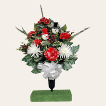 Load image into Gallery viewer, This cemetery cone has Red & White carnations and mums grave flowers with snowman accents.