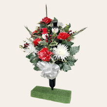 Load image into Gallery viewer, This cemetery cone has Red & White carnations and mums grave flowers with snowman accents.