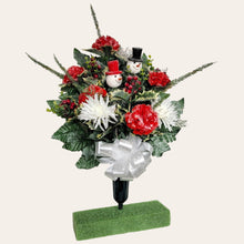 Load image into Gallery viewer, This cemetery cone has Red & White carnations and mums grave flowers with snowman accents.