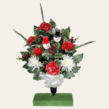 Load image into Gallery viewer, This cemetery cone has Red & White carnations and mums grave flowers with snowman accents.