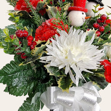 Load image into Gallery viewer, This cemetery cone has Red & White carnations and mums grave flowers with snowman accents.