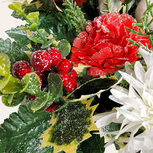 Load image into Gallery viewer, This cemetery cone has Red & White carnations and mums grave flowers with snowman accents.