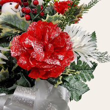 Load image into Gallery viewer, This cemetery cone pair has Red & White carnations and mums grave flowers with snowman accents.