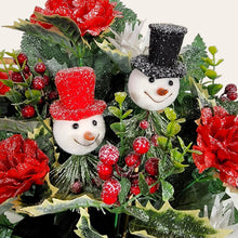 Load image into Gallery viewer, This cemetery cone has Red & White carnations and mums grave flowers with snowman accents.