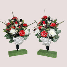 Load image into Gallery viewer, This cemetery cone pair has Red & White carnations and mums grave flowers with snowman accents.