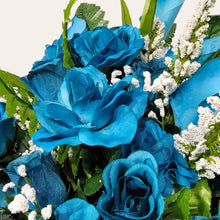 Load image into Gallery viewer, Turquoise Rose & Calla Lily Memorial Decoration set with White Tweedia Filler: includes 1 headstone saddle & 2 cemetery cones