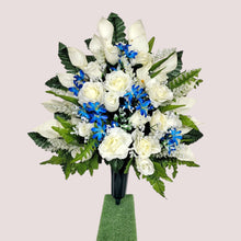 Load image into Gallery viewer, This cemetery cone has grave flowers including Cream Calla Lily and Roses with Blue Filler. It is a perfect funeral or memorial decoration.