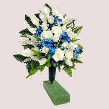 Load image into Gallery viewer, This cemetery cone has grave flowers including Cream Calla Lily and Roses with Blue Filler. It is a perfect funeral or memorial decoration.