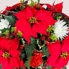 Load image into Gallery viewer, This Headstone Saddle is made with grave flowers including Red and White Poinsettia. It is a perfect winter memorial decoration.