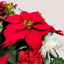 Load image into Gallery viewer, This Headstone Saddle is made with grave flowers including Red and White Poinsettia. It is a perfect winter memorial decoration.
