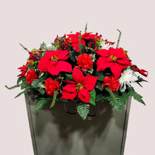 Load image into Gallery viewer, This Headstone Saddle is made with grave flowers including Red and White Poinsettia. It is a perfect winter memorial decoration.