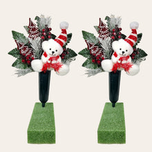 Load image into Gallery viewer, This Christmas memorial cone pair comes with a cute bear, red berries, and red glitter trees. This is cemetery 2 arrangements.