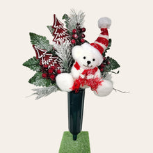 Load image into Gallery viewer, This Christmas memorial cone pair comes with a cute bear, red berries, and red glitter trees. This is cemetery 2 arrangements.
