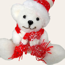 Load image into Gallery viewer, This Christmas memorial cone pair comes with a cute bear, red berries, and red glitter trees. This is cemetery 2 arrangements.