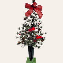 Load image into Gallery viewer, This cemetery cone has a medium Christmas Tree with snow, pinecones, cardinals, and berries. It's perfect for a winter memorial decoration.