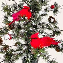 Load image into Gallery viewer, This cemetery cone has a medium Christmas Tree with snow, pinecones, cardinals, and berries. It's perfect for a winter memorial decoration.
