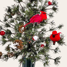 Load image into Gallery viewer, This cemetery cone has a medium Christmas Tree with snow, pinecones, cardinals, and berries. It's perfect for a winter memorial decoration.