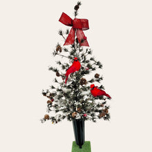 Load image into Gallery viewer, This cemetery cone has a large Christmas Tree with snow, pinecones, cardinals, and berries. It's perfect for a winter memorial decoration.