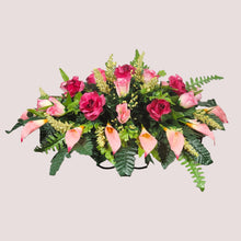 Load image into Gallery viewer, Beauty Pink Rose & Calla Lily Memorial Decoration set: includes 1 headstone saddle & 2 cemetery cones