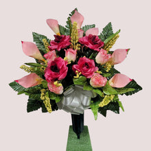 Load image into Gallery viewer, Beauty Pink Rose & Calla Lily Memorial Decoration set: includes 1 headstone saddle & 2 cemetery cones
